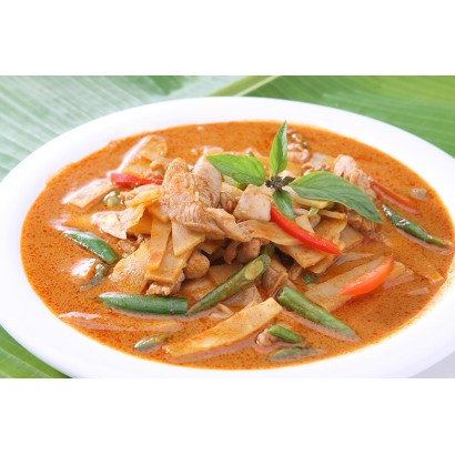 Pork with red curry served with white rice