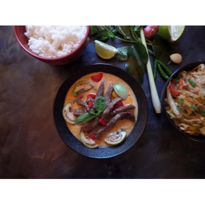 Beef with Red curry served with white rice