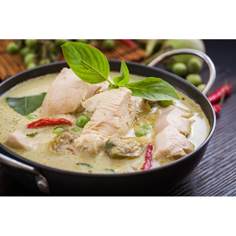 Fish with green curry served with white rice